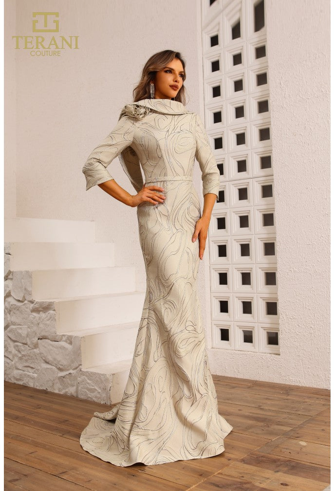 Terani Couture 251M4455 Boat Neck Jacquard Long Sheath Dress